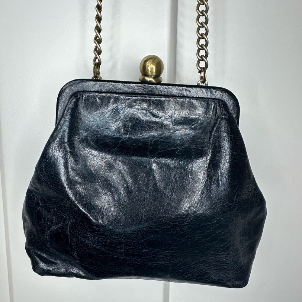 Hobo Int. Black Leather Kiss Lock Crossbody‎ Bag Chain Strap Floral Lining - Picture 5 of 13